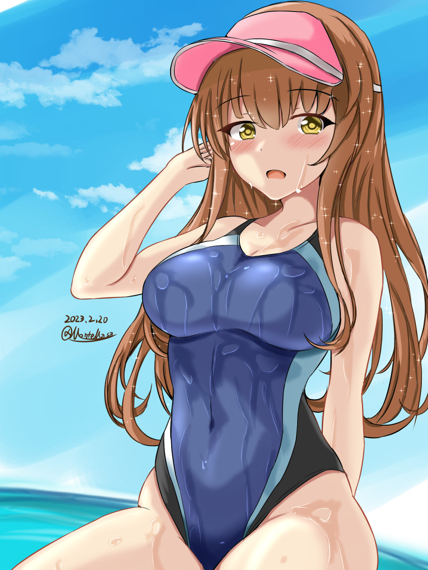 beach black_one-piece_swimsuit blue_one-piece_swimsuit breasts brown_hair cloud collarbone competition_swimsuit dated day green_eyes hat helena_(kancolle) highleg highleg_swimsuit highres horizon kantai_collection long_hair medium_breasts montemasa multicolored_clothes multicolored_swimsuit ocean one-piece_swimsuit outdoors pink_headwear sitting swimsuit twitter_username two-tone_swimsuit water wet wet_clothes wet_swimsuit