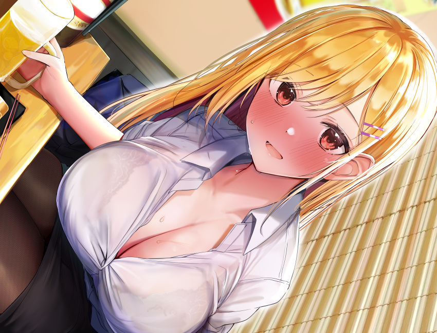 1girl absurdres alcohol bangs beer black_bra black_pantyhose black_skirt blonde_hair blush bra bra_visible_through_clothes breasts cleavage collarbone collared_shirt cub dress_shirt highres large_breasts long_hair looking_at_viewer non-web_source office_lady open_clothes open_mouth open_shirt original pantyhose red_eyes rouka_(akatyann) shirt sitting skirt smile solo sweat table underwear white_shirt
