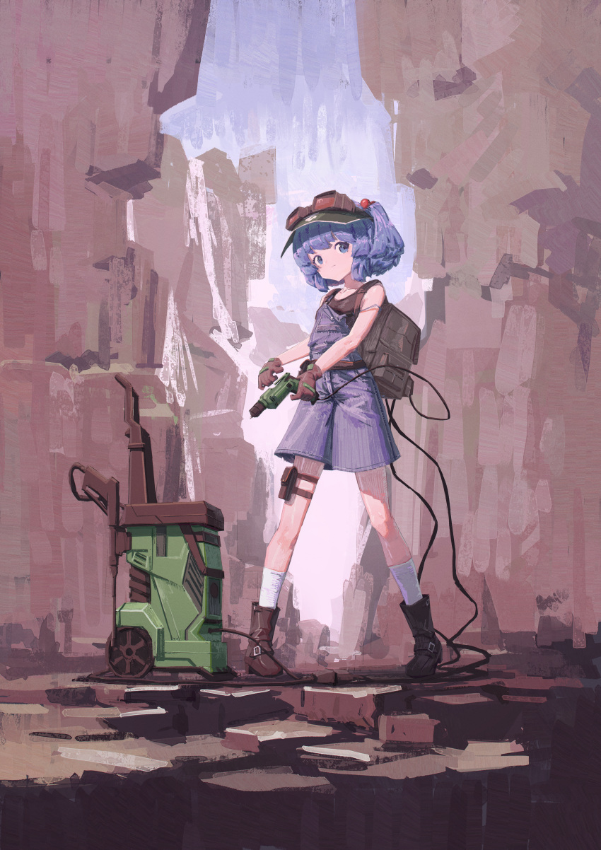 1girl absurdres backpack bag black_tank_top blue_eyes blue_hair boots brown_footwear brown_gloves closed_mouth collarbone flat_cap full_body gloves green_headwear hair_bobbles hair_ornament hat highres holding kawashiro_nitori nepperoni short_hair socks solo tank_top touhou two_side_up white_socks