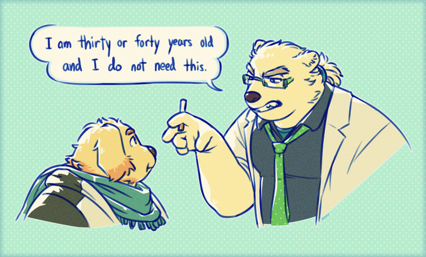 absurd_res anthro bear beepzeep bird_dog canid canine canis cu_sith_(tas) domestic_dog duo english_text eyewear fur glasses golden_retriever hi_res humor hunting_dog leib_(tas) lifewonders male mammal necktie polar_bear retriever scarf text tokyo_afterschool_summoners ursine white_body white_fur yellow_body yellow_fur