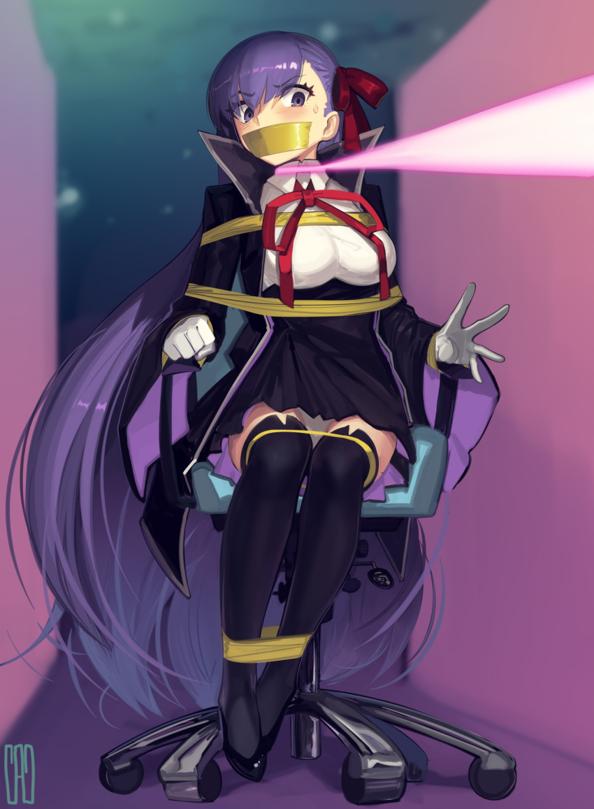 1girl bangs bb_(fate) bb_(fate/extra) bdsm black_coat black_skirt black_thighhighs blush bondage bound breasts cad_(caddo) chair coat collared_shirt fate/extra fate/extra_ccc fate_(series) gag gloves hair_ribbon high-waist_skirt high_heels highres improvised_gag large_breasts long_hair long_sleeves looking_to_the_side neck_ribbon open_clothes open_coat popped_collar purple_eyes purple_hair red_ribbon restrained ribbon shibari shirt sitting skirt tape tape_gag thighhighs thighs very_long_hair white_gloves white_shirt wide_sleeves