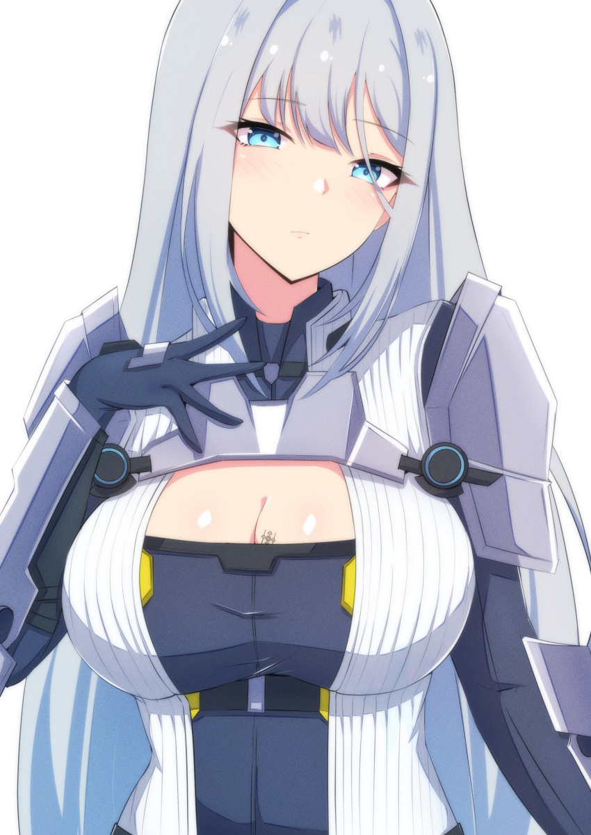 1girl absurdres black_gloves blue_eyes breast_tattoo breasts cleavage closed_mouth commentary ethel_(xenoblade) gloves hand_on_own_chest highres large_breasts latte long_hair looking_at_viewer simple_background solo tattoo upper_body white_background white_hair xenoblade_chronicles_(series) xenoblade_chronicles_3