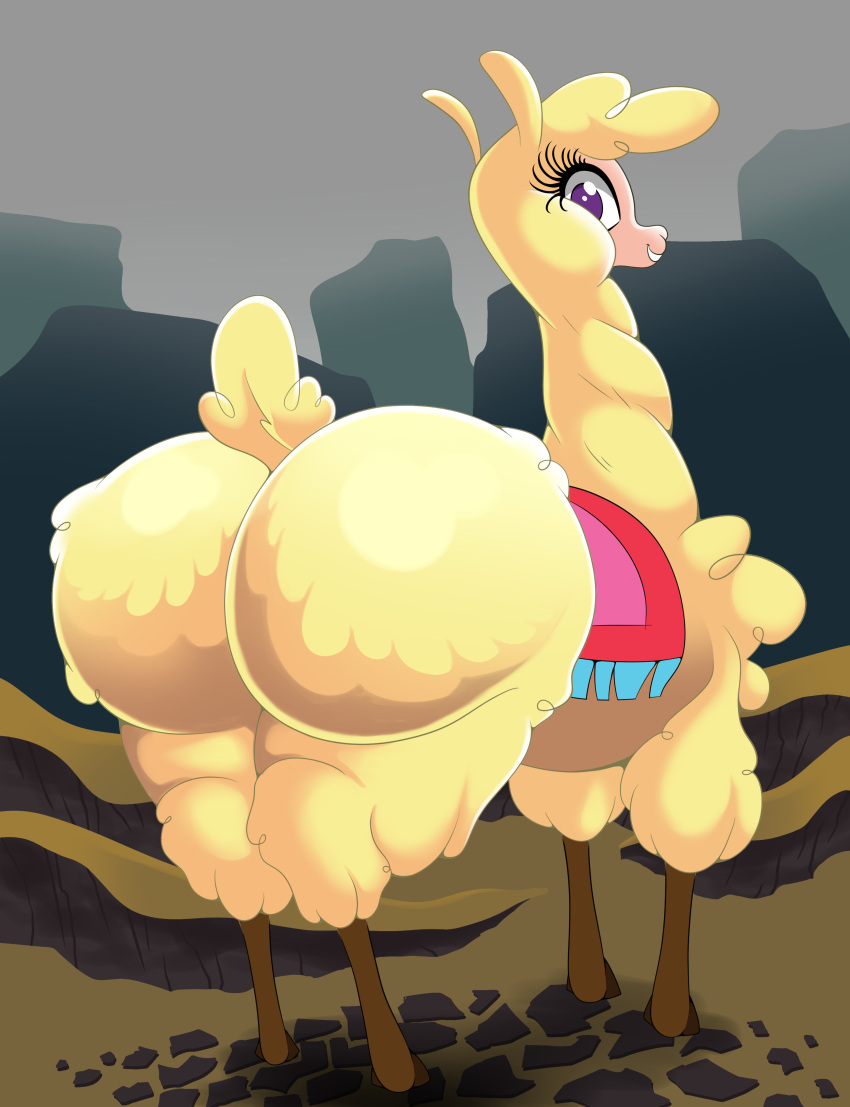 2022 absurd_res alpaca big_butt brown_hooves butt camelid detailed_background digital_media_(artwork) eyelashes female feral fur hi_res hooves huge_butt looking_at_viewer looking_back looking_back_at_viewer mammal no_pupils paprika_paca_(tfh) purple_eyes quadruped short_tail skunk_bunk solo tail them's_fightin'_herds thick_thighs wool_(fur) yellow_body yellow_fur