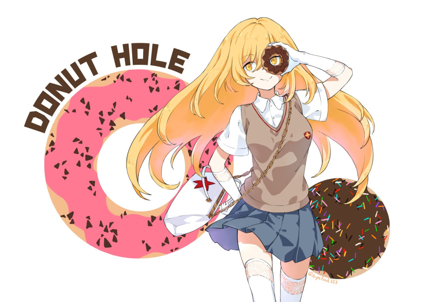 +_+ 1girl bag blonde_hair blue_skirt breasts brown_sweater_vest buttons chain closed_mouth collared_shirt contrapposto cowboy_shot donut_hole_(vocaloid) doughnut doughnut_background english_text floating_hair food gloves hand_up handbag hands_on_hips highres holding holding_food hopetrash555 lace-trimmed_gloves lace-trimmed_legwear lace_trim large_breasts long_hair miniskirt pleated_skirt school_uniform shirt shokuhou_misaki short_sleeves signature skirt skirt_flip smile solo sparkling_eyes spider_web_print standing star_(symbol) star_print summer_uniform sweater_vest thighhighs toaru_kagaku_no_railgun toaru_majutsu_no_index tokiwadai_school_uniform vest white_bag white_gloves white_shirt white_thighhighs yellow_pupils zettai_ryouiki