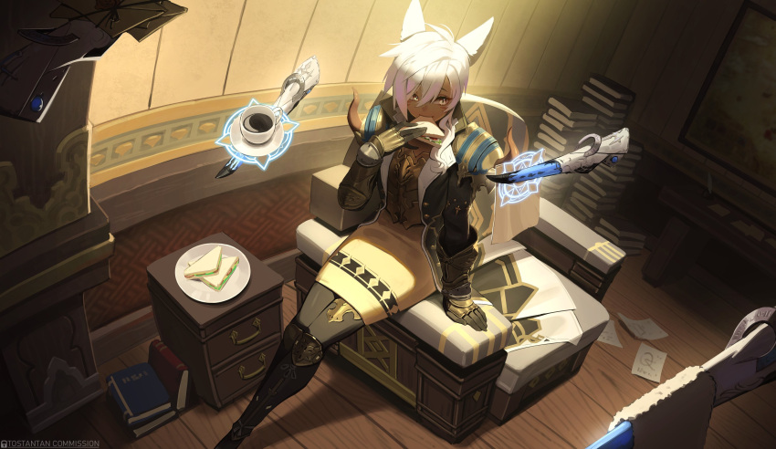 1girl ahoge armor book breastplate commission eating facial_mark fantasy final_fantasy final_fantasy_xiv food gloves highres indoors long_coat magic_circle miqo'te pencil_skirt pile_of_books sandwich short_hair_with_long_locks sitting skirt solo tostantan white_hair yellow_eyes
