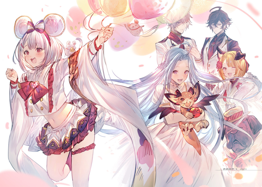 2boys 3girls absurdres ahoge alternate_costume animal_ears apple balloon bangs black_shirt blonde_hair blue_hair blush bow bowtie brooch brown_hair collared_shirt dated dog dog_ears dragon dress fake_animal_ears fang food frilled_shirt frilled_skirt frills fruit garjana granblue_fantasy hair_bow hair_ornament hairclip hat heart_brooch highres holding holding_balloon jacket jewelry long_hair long_sleeves looking_at_viewer lucifer_(shingeki_no_bahamut) lyria_(granblue_fantasy) mayutsuba_mono midriff miniskirt mouse mouse_ears multiple_boys multiple_girls navel necktie one_eye_closed open_mouth pleated_skirt red_bow red_bowtie red_eyes red_necktie sandalphon_(granblue_fantasy) shirt short_hair skin_fang skirt smile standing standing_on_one_leg striped thigh_strap vajra_(granblue_fantasy) vikala_(granblue_fantasy) vyrn_(granblue_fantasy) white_background white_dress white_hair white_jacket white_shirt white_skirt