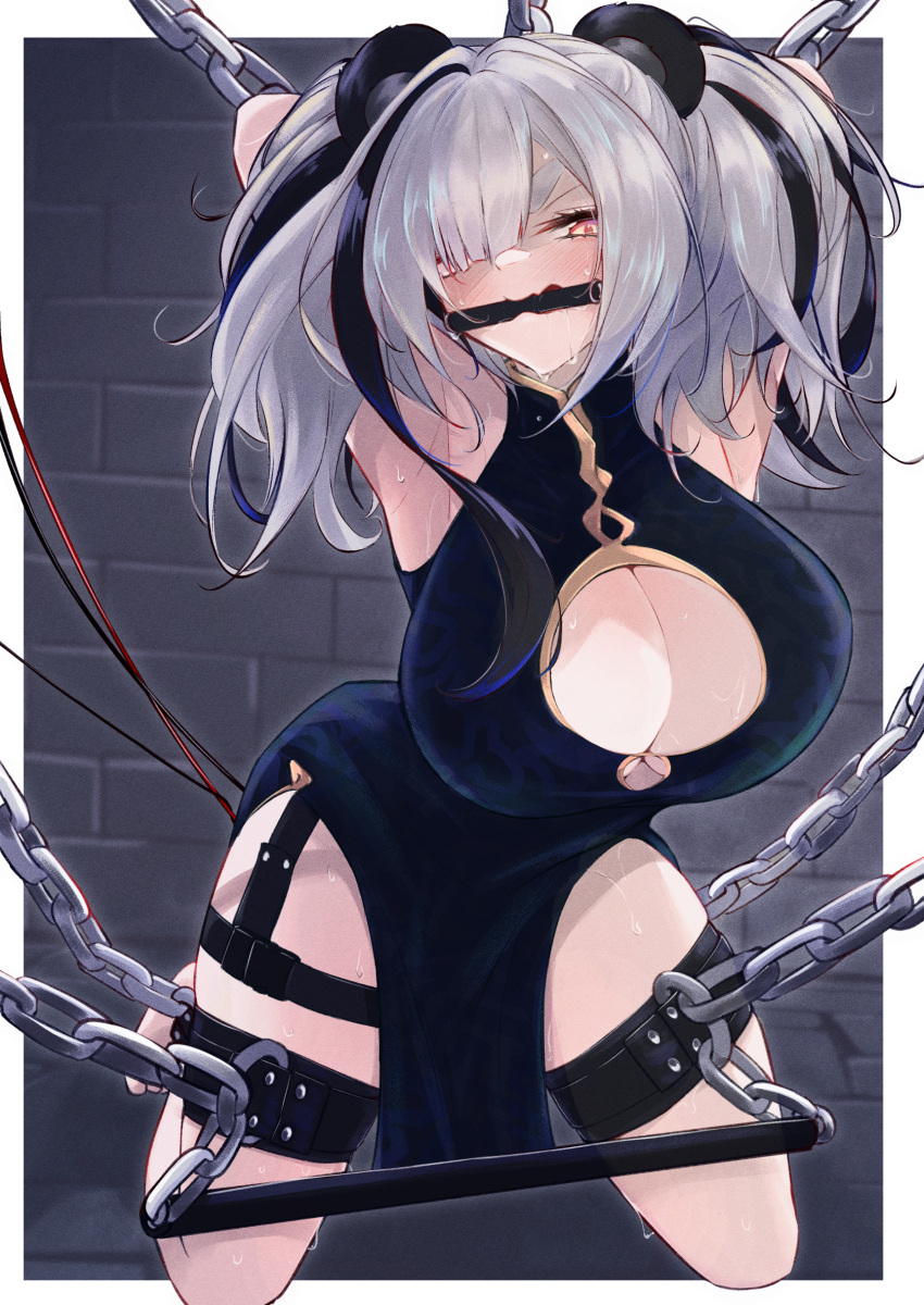 1girl absurdres animal_ears arknights armpits arms_behind_back arms_up bdsm bear_ears bit_gag black_hair blush bondage bound breasts chain chained china_dress chinese_clothes cleavage cleavage_cutout clothing_cutout dress feater_(arknights) gag grey_hair hair_over_one_eye highres kneeling large_breasts looking_at_viewer multicolored_hair ohichi16 red_eyes signature solo spreader_bar streaked_hair sweat thick_eyebrows thigh_strap two-tone_hair v-shaped_eyebrows vibrator_cord