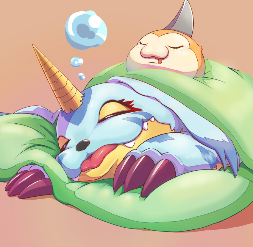 animal_skin bandai_namco bedding blanket blep digimon digimon_(species) eyes_closed fur gabumon hi_res horn sleeping striped_body striped_fur stripes tongue tongue_out tsunomon wanwandogscat yellow_body