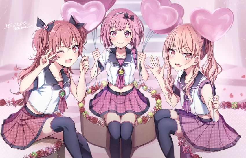 1other 2girls akiyama_mizuki androgynous asymmetrical_sleeves balloon black_thighhighs do_while02 drill_hair earrings heart heart_balloon heart_earrings highres jewelry long_hair looking_at_viewer medium_hair momoi_airi multiple_girls one_eye_closed ootori_emu pink_eyes pink_hair pink_skirt pleated_skirt project_sekai puffy_short_sleeves puffy_sleeves short_sleeves side_drill sitting skirt thighhighs twintails two_side_up v