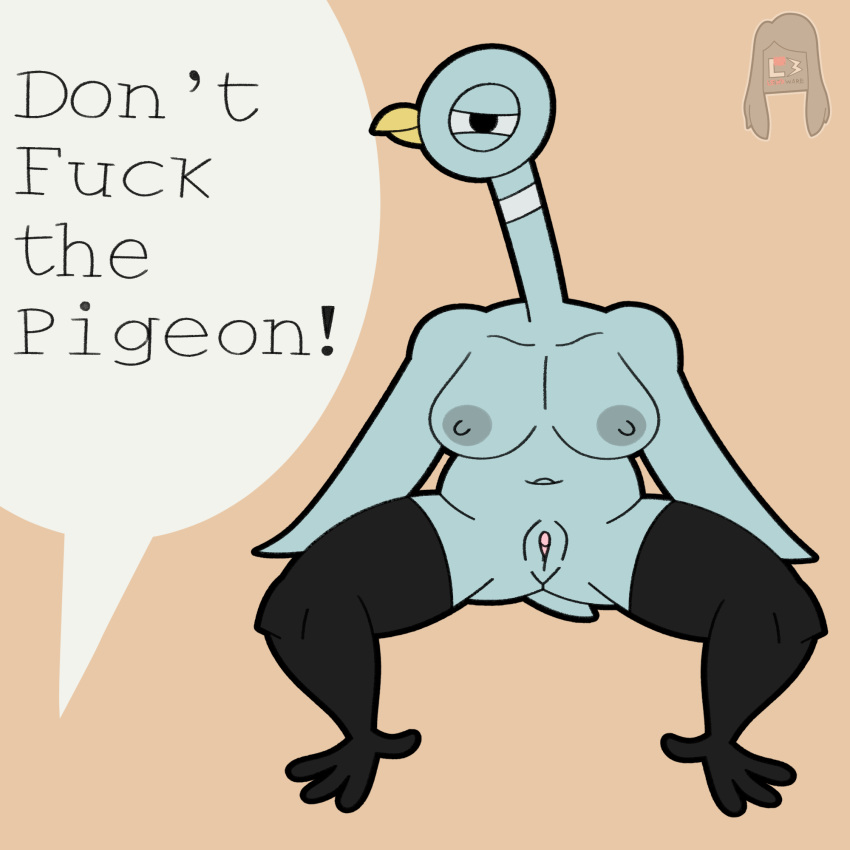 1:1 2023 anthro avian bird breasts columbid digital_drawing_(artwork) digital_media_(artwork) don't_let_the_pigeon english_text feathers female flat_colors genitals hi_res lewdware looking_at_viewer nipples nude pigeon pigeon_(don't_let_the_pigeon) profanity pussy signature solo tail text wings