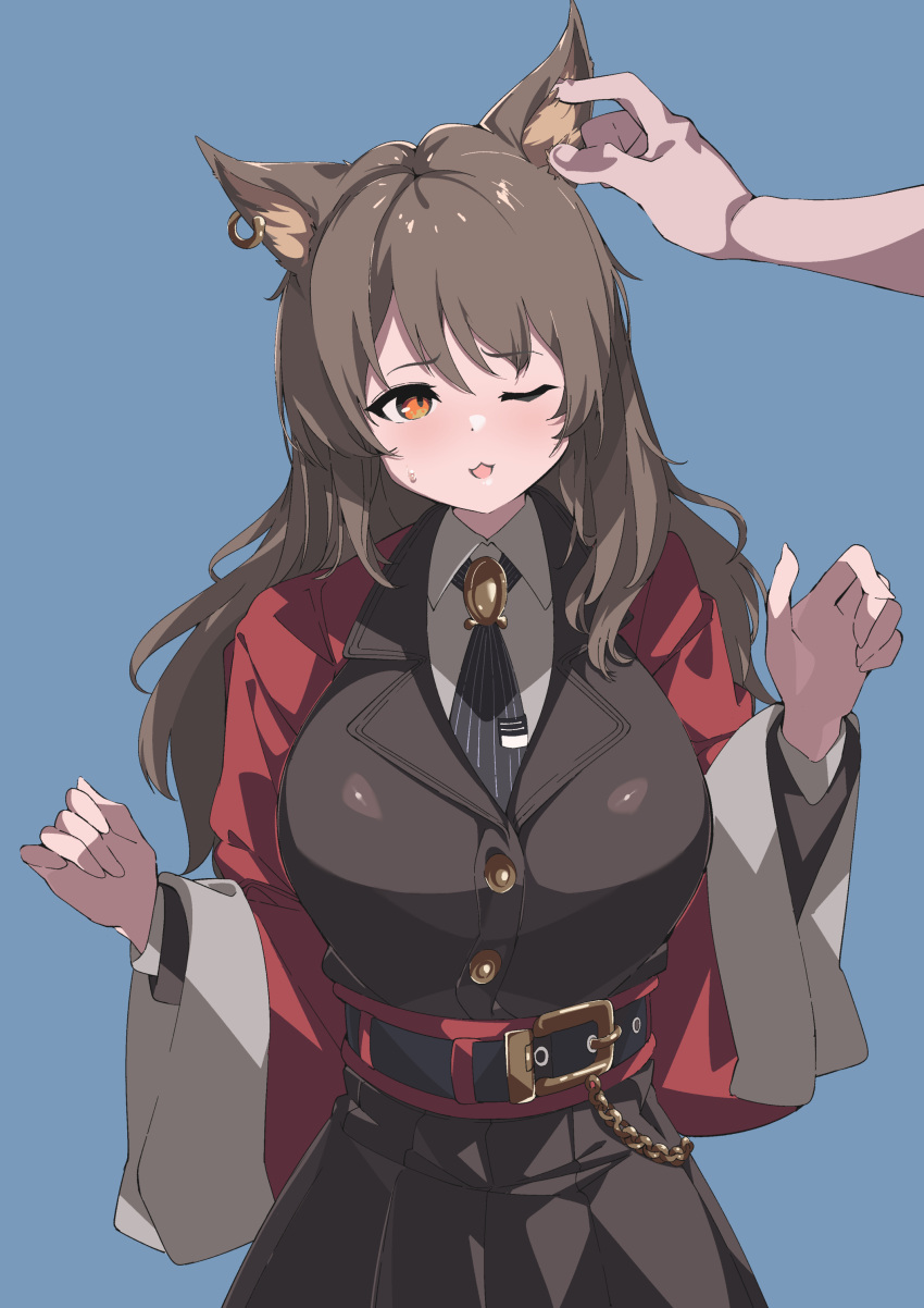 1girl 1other :3 absurdres animal_ear_fluff animal_ears arknights bangs belt belt_buckle black_jacket black_necktie black_skirt blue_background blush brown_hair buckle cat_ears collared_shirt commentary cowboy_shot hand_on_another's_ear highres jacket long_hair long_sleeves necktie one_eye_closed open_clothes open_jacket open_mouth orange_eyes red_jacket sajimaririri shirt simple_background skirt skyfire_(arknights) solo_focus w_arms white_shirt wide_sleeves