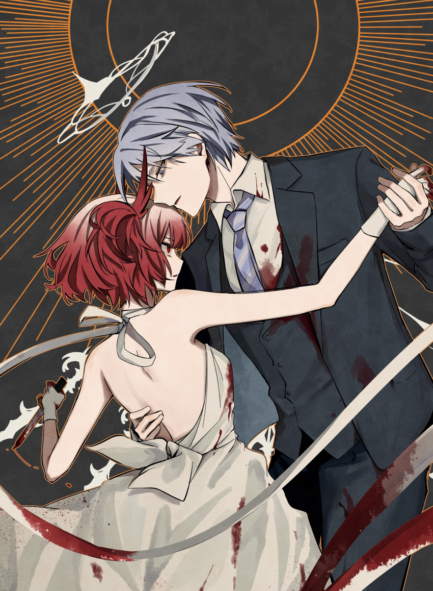 1boy 1girl absurdres andoain_(arknights) arknights backless_dress backless_outfit bare_back bare_shoulders black_jacket blue_necktie commentary_request dress fanqiezijinnianyidinghaohaoxuexi fiammetta_(arknights) gloves grey_hair halo highres holding_hands jacket necktie pointy_hair red_eyes short_hair upper_body white_dress white_gloves