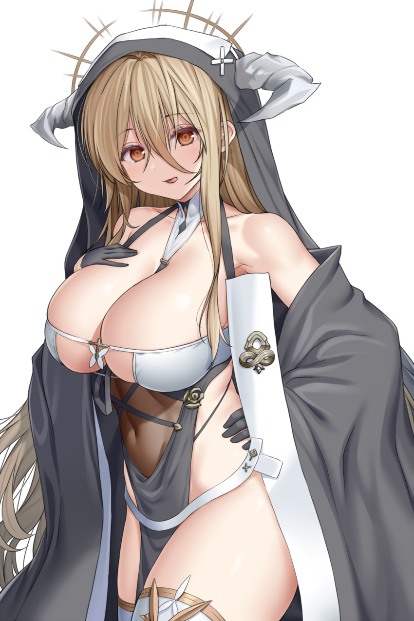 1girl asamura_hiori azur_lane bangs bare_shoulders blush breasts cleavage collarbone highres implacable_(azur_lane) large_breasts long_hair looking_at_viewer open_mouth smile solo thighs