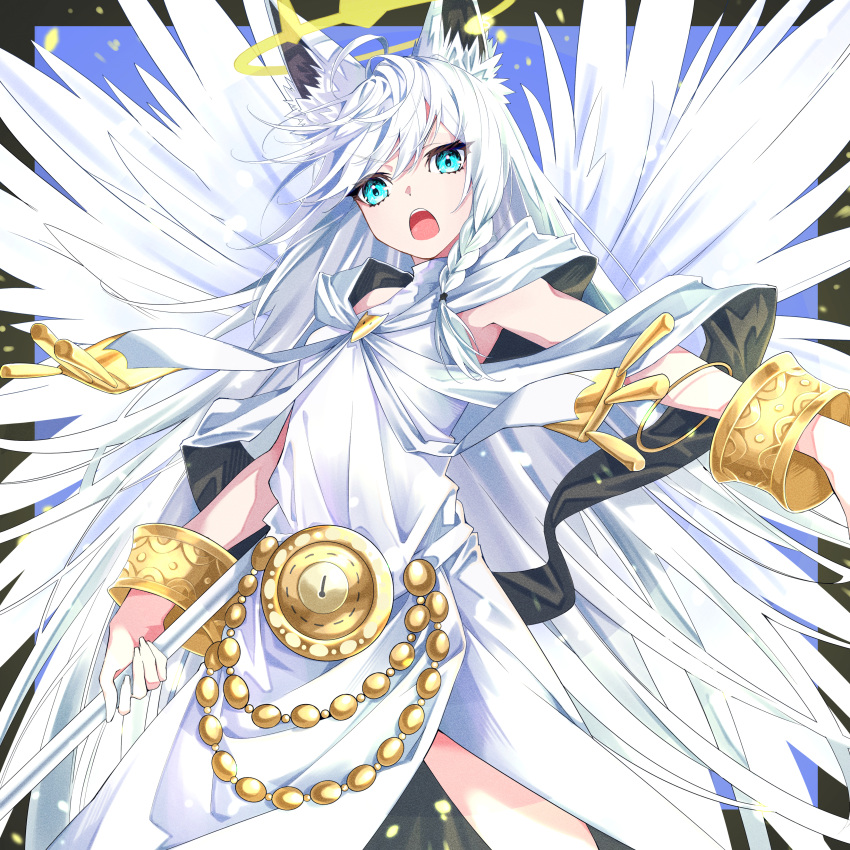 1girl absurdres ahoge angel_wings animal_ear_fluff animal_ears bangs bracelet braid dress english_commentary fox_ears fox_girl green_eyes hair_between_eyes halo highres hiyashinssu holding hololive jewelry long_hair looking_at_viewer open_mouth outstretched_arm shirakami_fubuki sidelocks single_braid solo swept_bangs virtual_youtuber white_dress white_hair wings