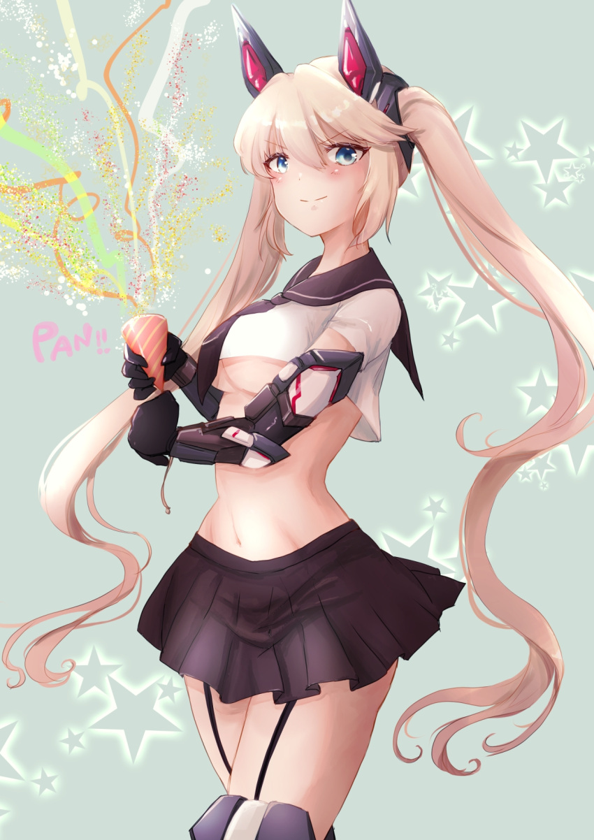 04_(artery_gear) 1girl artery_gear artery_gear:_fusion black_necktie black_sailor_collar black_skirt blonde_hair blue_eyes breasts closed_mouth commentary_request hair_between_eyes hair_ornament highres komena_(shinyday312) long_hair mechanical_arms mechanical_legs midriff navel necktie party_popper pleated_skirt sailor_collar sidelocks skirt sound_effects twintails underboob very_long_hair