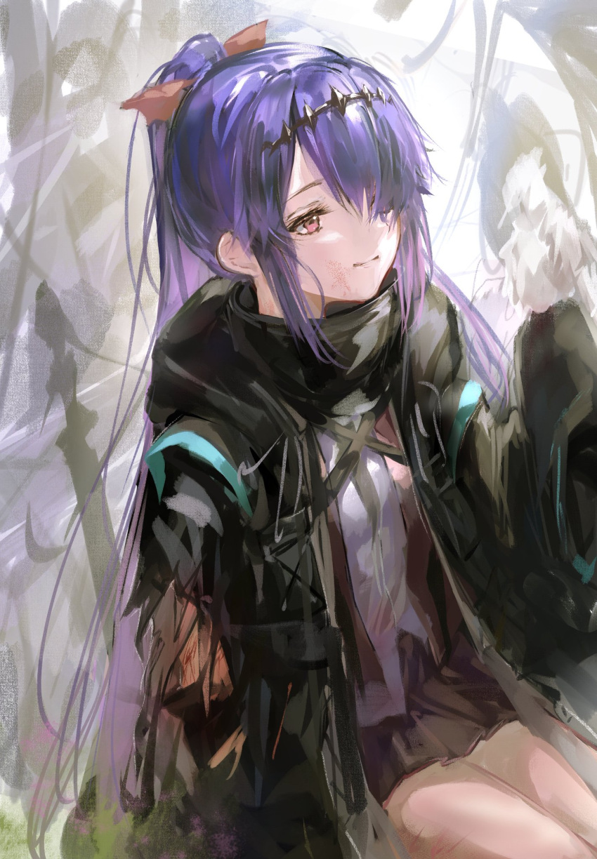 1girl animal_on_head arknights bird bird_on_head black_skirt blood blood_on_face closed_mouth highres long_hair long_sleeves miniskirt on_head original ponytail purple_hair red_eyes second-party_source sitting skirt sleeves_past_fingers sleeves_past_wrists smile solo torn_clothes torn_coat very_long_hair