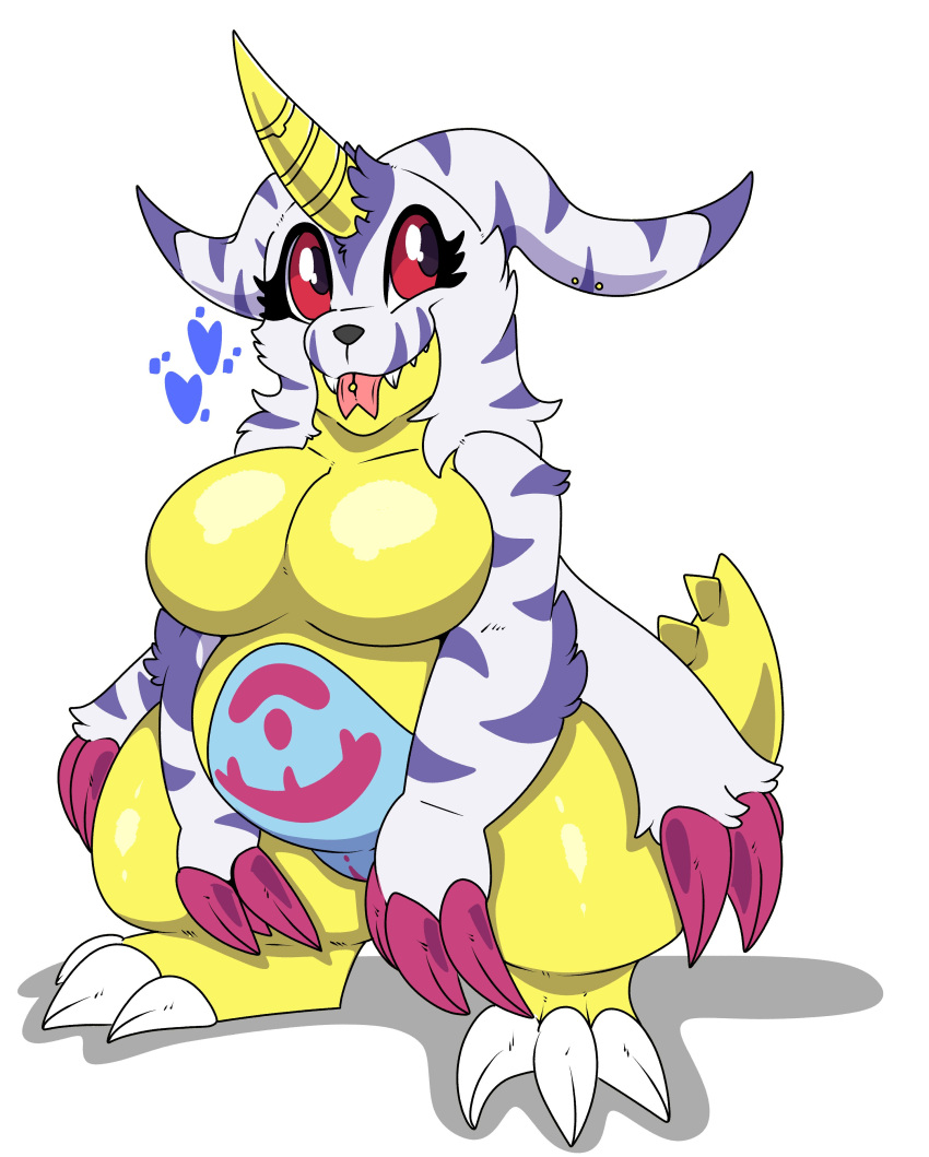 absurd_res anthro bandai_namco breasts claws digimon digimon_(species) featureless_breasts female fur gabumon genitals hi_res horn kingbeast nude pussy simple_background solo tongue white_background yellow_body