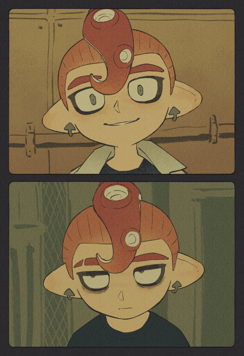 1boy absurdres bags_under_eyes before_and_after black_shirt ear_piercing earrings empty_eyes expressionless eyebrow_cut grey_eyes grin highres iwamushi jacket jewelry looking_at_viewer looking_to_the_side octoling octoling_boy piercing pointy_ears red_hair salmon_run_(splatoon) shirt smile solo splatoon_(series) splatoon_3 suction_cups tentacle_hair thick_eyebrows white_jacket