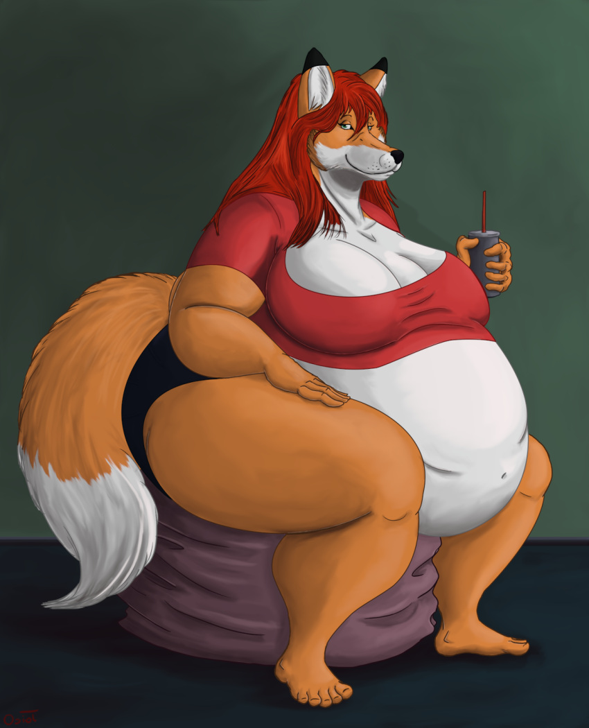 anthro belly big_breasts big_butt breasts butt canid canine drinking female fox hi_res mammal obese obese_anthro obese_female osiol overweight overweight_anthro overweight_female shake sitting solo