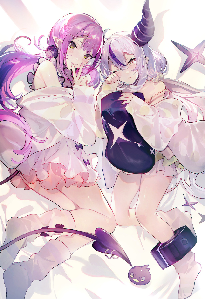 2girls absurdres ahoge ankle_cuffs bangs bare_shoulders bed_sheet camisole closed_mouth crow_(la+_darknesss) fang green_eyes grey_hair hair_ornament hairclip highres hololive horns jacket la+_darknesss long_hair long_sleeves looking_at_viewer loose_socks low_twintails lying mayutsuba_mono miniskirt multicolored_hair multiple_girls no_shoes object_hug off_shoulder on_side one_eye_closed piercing pillow pillow_hug pointy_ears purple_hair rubbing_eyes shadow sidelocks skin_fang skirt smile socks strap_slip streaked_hair tail tail_ornament tail_piercing tokoyami_towa twintails v_over_mouth very_long_hair virtual_youtuber white_jacket white_skirt white_socks
