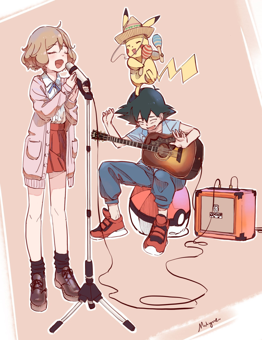 1boy 1girl :d acoustic_guitar ahoge amplifier ash_ketchum bangs blue_ribbon cable cardigan closed_eyes clothed_pokemon collared_shirt commentary_request guitar highres instrument maracas microphone microphone_stand mn_(lkl39372002) neck_ribbon open_cardigan open_clothes open_mouth pants pikachu pleated_skirt poke_ball_print pokemon pokemon_(anime) pokemon_(creature) pokemon_xy_(anime) red_footwear red_skirt ribbon serena_(pokemon) shirt shoes short_sleeves sitting skirt smile socks standing tongue white_shirt