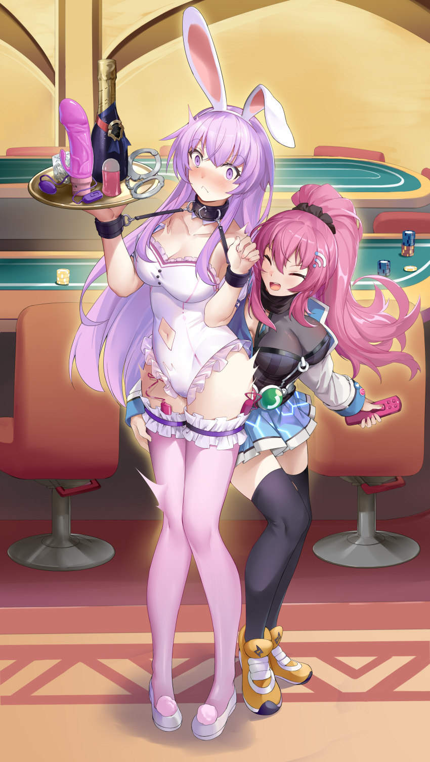 2girls 463_jun absurdres alcohol animal_ears bare_shoulders black_thighhighs blush bottle breasts champagne cleavage closed_eyes closed_mouth clothing_cutout collar commission cuffs dildo egg_vibrator empty_eyes fake_animal_ears frown full_body hair_ornament handcuffs highres holding holding_plate large_breasts leotard long_hair looking_at_viewer multiple_girls navel navel_cutout nepgear neptune_(series) nose_blush open_mouth pink_hair pink_thighhighs plate playboy_bunny poker_chip purple_eyes purple_hair pussy_juice rabbit_ears remote_control_vibrator restrained sex_toy smile solo standing surprised thighhighs very_long_hair vibrator vibrator_in_thighhighs wine_bottle wrist_cuffs