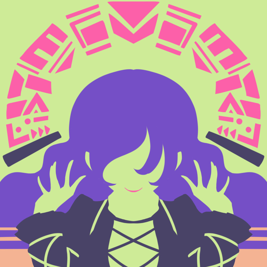 1girl bangs black_dress blending cross-laced_clothes dress flat_color green_background highres hijiri_byakuren limited_palette long_hair maskin_mei minimalism no_eyes no_lineart portrait purple_hair silhouette simple_background smile solo sorcerer's_sutra_scroll touhou wavy_hair