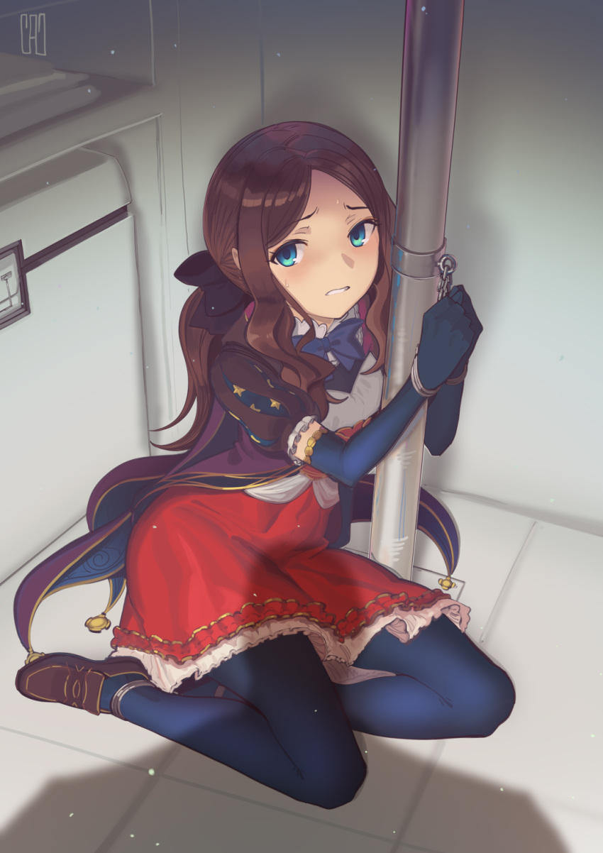 1girl bangs black_bow blue_eyes blue_gloves blue_pantyhose blush bow breasts brown_dress brown_hair cad_(caddo) dress elbow_gloves fate/grand_order fate_(series) forehead gloves hair_bow highres leonardo_da_vinci_(fate) leonardo_da_vinci_(rider)_(fate) long_hair looking_at_viewer pantyhose parted_bangs ponytail puff_and_slash_sleeves puffy_short_sleeves puffy_sleeves red_skirt restrained short_sleeves skirt small_breasts