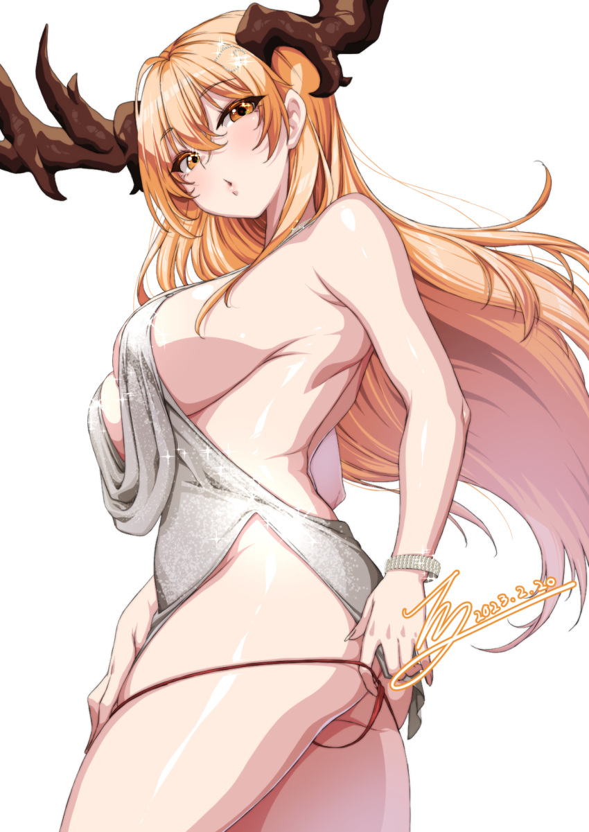 1girl :o ass azur_lane backless_dress backless_outfit bare_shoulders blonde_hair bracelet breasts brown_eyes commission cosplay cowboy_shot dated dress from_below from_side grey_dress highres horns jewelry large_breasts long_hair looking_at_viewer looking_down original panties panty_pull parted_lips plunging_neckline rantia red_panties revealing_clothes sideboob signature simple_background solo st._louis_(azur_lane) st._louis_(azur_lane)_(cosplay) st._louis_(luxurious_wheels)_(azur_lane) underwear very_long_hair white_background