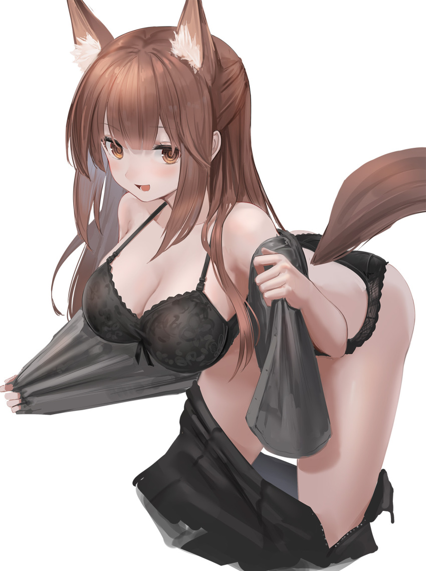 1girl animal_ears arched_back arknights ass bangs bare_shoulders bent_over black_bra black_panties black_ribbon black_skirt blunt_bangs blush bra breasts brown_eyes brown_hair cleavage clothes_pull collarbone cropped_legs feet_out_of_frame fox_ears fox_girl fox_tail franka_(arknights) grey_shirt half_updo hand_up highres large_breasts legs_apart lingerie long_hair looking_at_viewer lower_teeth_only open_clothes open_mouth open_shirt open_skirt panties ribbon ribbon_bra shirt sidelocks simple_background skirt skirt_pull smile solo standing sthk tail teeth underwear undressing white_background zipper_skirt