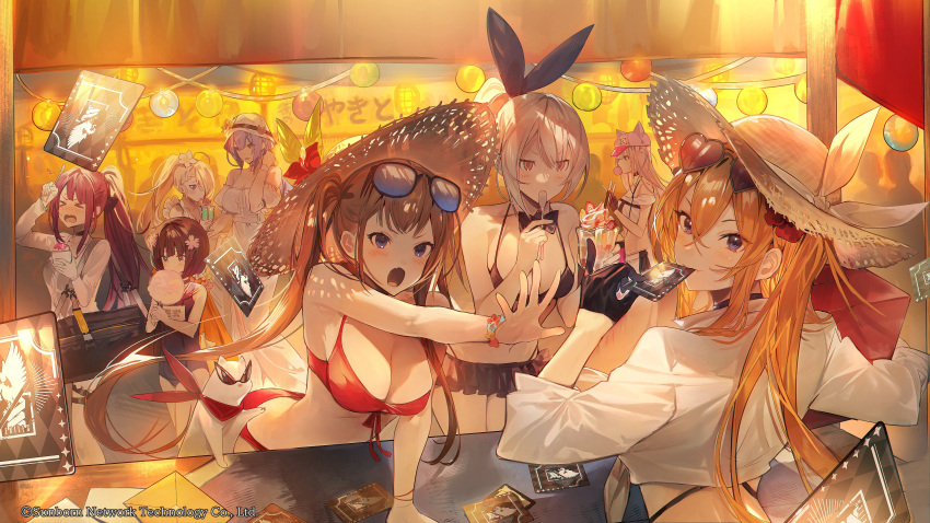 &gt;_&lt; 6+girls absurdres arm_garter bag bare_shoulders bikini black_bikini black_gloves blonde_hair blue_eyes blush bow bowtie box brain_freeze breasts brown_hair bubble_blowing bucket_hat cape card card_in_mouth character_request choker cleavage company_name copyright cotton_candy crop_top cup detached_collar dress duffel_bag eating envelope eyewear_on_head fang festival flower flower_bracelet food frilled_bikini frills girls'_frontline gloves grey_hair hair_flower hair_ornament hair_over_one_eye hat heart heart-shaped_eyewear highres holding holding_box holding_cup ice_cream jitome kalina_(girls'_frontline) large_breasts long_hair looking_at_viewer looking_back mayutsuba_mono mouth_hold multiple_girls name_tag navel official_art outdoors outstretched_arm pinky_out ponytail purple_eyes red_bikini school_swimsuit semi-rimless_eyewear shaved_ice shirt side_ponytail skin_fang sleeveless sleeveless_dress spoon straw_hat string_of_light_bulbs sundae sunglasses sweatdrop swimsuit thigh_strap utensil_in_mouth v-shaped_eyebrows wa2000_(girls'_frontline) wa2000_(op._manta_ray)_(girls'_frontline) walking white_dress white_shirt wristband