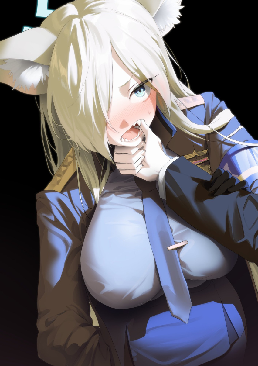 1girl alpha_(ypalpha79) animal_ear_fluff animal_ears bangs black_background blonde_hair blue_archive blue_armband blue_eyes blue_jacket blue_necktie blue_shirt blue_skirt blush breasts commentary dog_ears finger_in_another's_mouth hair_over_one_eye halo hand_in_pocket hand_on_another's_arm highres jacket kanna_(blue_archive) large_breasts long_hair looking_at_viewer necktie nose_blush open_mouth police police_uniform policewoman pov pov_hands ringed_eyes sharp_teeth shirt sidelocks simple_background skirt solo_focus swept_bangs teeth uniform very_long_hair