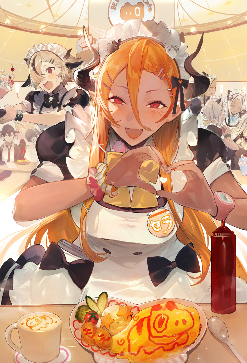 1boy 6+girls absurdres animal_ears apron bangle black_dress bow bowtie bracelet breasts brown_hair cherry cup dress fang food fruit hair_between_eyes hair_ornament hair_over_one_eye hairclip heart heart_hands highres horns ice_cream indoors jewelry ketchup_bottle large_breasts long_hair looking_at_viewer maid_apron maid_headdress mayutsuba_mono multiple_girls omelet omurice open_mouth orange_hair original plate pointy_ears puffy_short_sleeves puffy_sleeves red_eyes saucer scrunchie short_hair short_sleeves skin_fang smile spoon standing sundae sweat table watch wrist_scrunchie wristwatch
