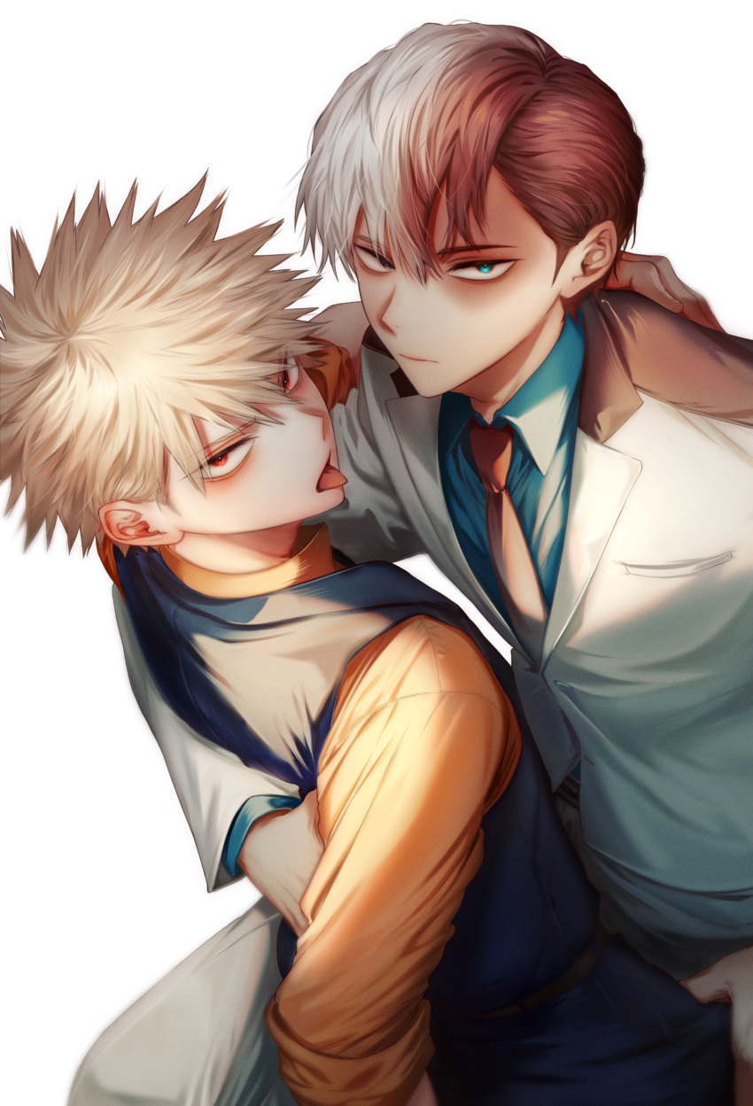 2boys absurdres arm_around_back arm_around_shoulder bakugou_katsuki blonde_hair blue_eyes blue_shirt boku_no_hero_academia burn_scar formal grey_eyes heterochromia highres jacket lidi6 looking_at_viewer male_focus multicolored_hair multiple_boys orange_shirt red_eyes red_hair scar scar_on_face shirt suit todoroki_shouto tongue tongue_out two-tone_hair vest white_background white_hair white_jacket yaoi