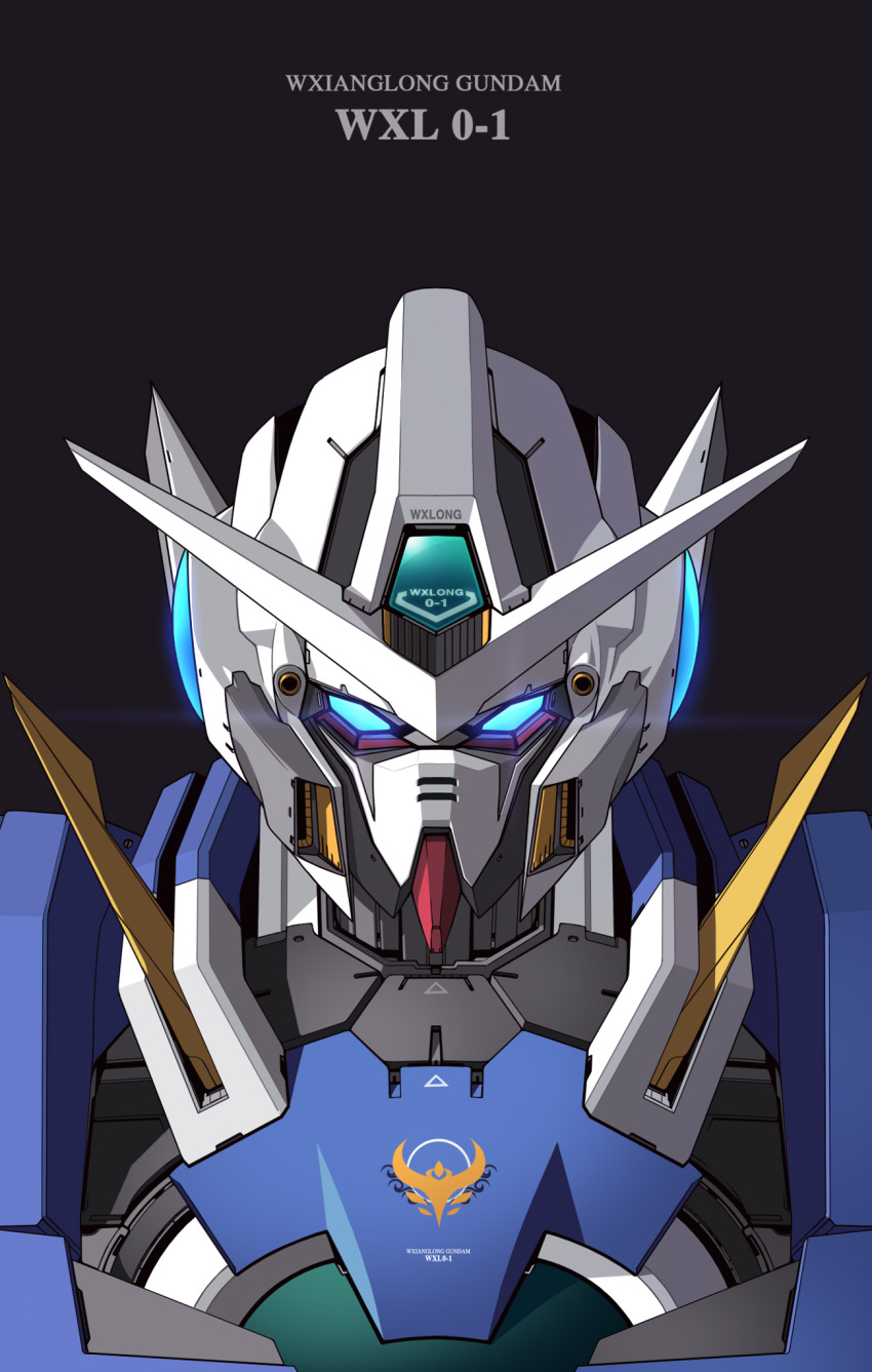 blue_eyes glowing glowing_eyes gundam gundam_00 gundam_exia highres huang_xie looking_at_viewer mecha mobile_suit no_humans portrait redesign robot science_fiction solo straight-on v-fin