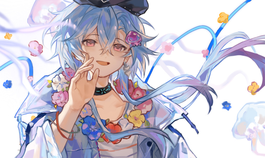 1boy arknights bangs blue_hair blue_jacket bracelet crossed_bangs flower flower_necklace gradient_hair hair_between_eyes highres infection_monitor_(arknights) jacket jellyfish jellyfish_hair_ornament jewelry lei light_blue_hair looking_at_viewer male_focus mizuki_(arknights) mizuki_(summer_feast)_(arknights) multicolored_hair open_clothes open_jacket open_mouth purple_hair red_eyes ribbon shirt short_hair short_hair_with_long_locks simple_background smile solo striped striped_shirt upper_body waving white_background white_shirt yipingtaopuzi