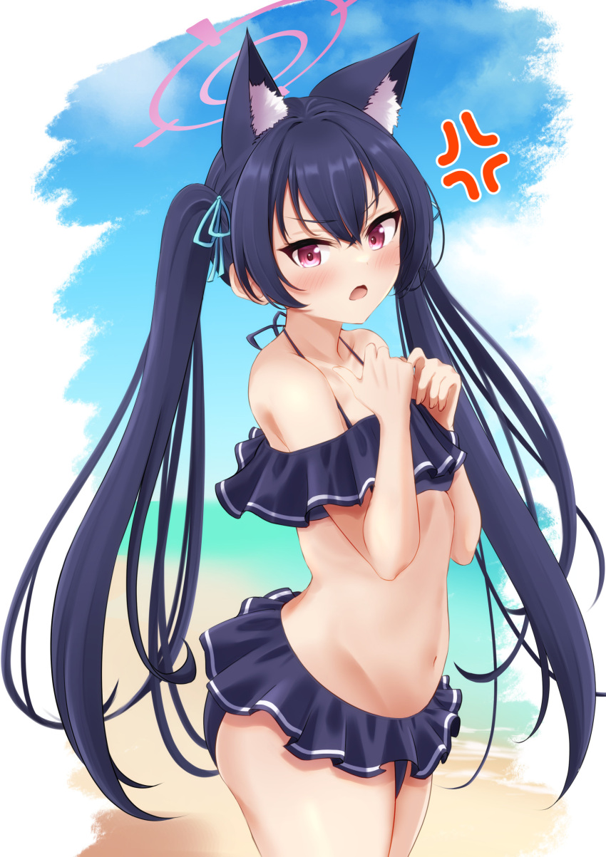 1girl absurdres anger_vein angry animal_ear_fluff animal_ears arched_back bare_shoulders bikini black_bikini black_hair blue_archive blush breasts cat_ears cowboy_shot frilled_bikini frills from_side hair_between_eyes hair_ribbon halo hands_up highres kaigan long_hair looking_at_viewer midriff navel open_mouth red_eyes ribbon serika_(blue_archive) small_breasts solo standing swimsuit twintails v-shaped_eyebrows very_long_hair