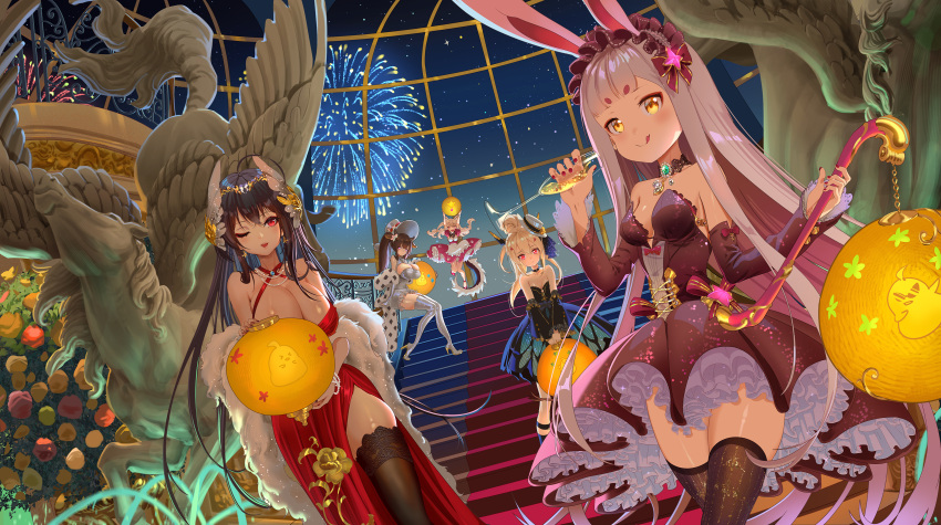 &gt;_&lt; 5girls :q absurdres adapted_costume aerial_fireworks alternate_costume alternate_hairstyle animal_ears arms_up ayanami_(azur_lane) azur_lane bare_shoulders black_dress black_gloves black_hair black_thighhighs blue_dress blue_gemstone boots breasts brown_hair brown_thighhighs champagne_flute cleavage cocktail_dress criss-cross_halter cup detached_sleeves dress drinking_glass elbow_gloves english_commentary evening_gown feather_boa fireworks flower frilled_dress frills gem gloves gold gold_necklace halterneck head_wings high_heel_boots high_heels highres holding holding_cup huge_breasts jewelry jujumaho_(nanigaxila) kashino_(azur_lane) lace-trimmed_legwear lace_trim layered_dress long_hair looking_at_viewer manjuu_(azur_lane) multiple_girls necklace night night_sky official_alternate_costume one_eye_closed pink_dress pink_flower pink_rose ponytail purple_dress rabbit_ears red_carpet red_dress red_eyes red_nails rose shimakaze_(azur_lane) shiny_skin short_dress short_sleeves silver_dress silver_footwear sky sleeveless sleeveless_dress small_breasts stairs statue stone_stairs strapless strapless_dress sunglasses taihou_(azur_lane) taihou_(forbidden_feast)_(azur_lane) thigh_boots thighhighs tongue tongue_out unicorn very_long_hair white_dress white_flower white_headwear white_rose window yellow_eyes yellow_flower yellow_rose yuudachi_(azur_lane) zettai_ryouiki