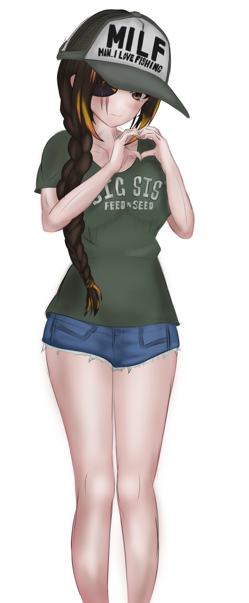 1girl absurdres abukumacl braid brown_hair denim denim_shorts eyepatch girls'_frontline hat heart heart_hands highres looking_at_viewer m16a1_(girls'_frontline) muscular muscular_female scar shirt shorts t-shirt