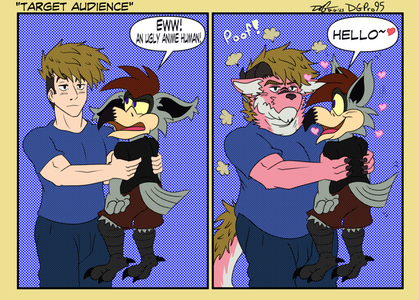 anthro avian comic dgpro95 digi_(dgpro95) dragon gordy_owl gryphon hi_res human humor male male/male mammal muscular mythological_avian mythology overweight overweight_male pink_dragon skinny toony transformation