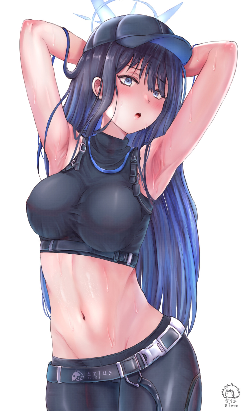 1girl :o absurdres armpits arms_up bare_arms bare_shoulders baseball_cap black_headwear black_pants black_shirt blue_archive blue_eyes blue_hair blush breasts commentary_request cowboy_shot crop_top dime-san hat highres leggings long_hair looking_at_viewer midriff navel open_mouth pants partial_commentary saori_(blue_archive) shirt simple_background sleeveless sleeveless_shirt solo standing stomach sweat very_long_hair white_background