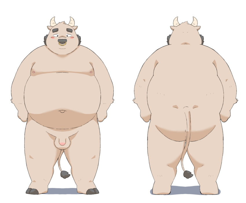 2023 anthro balls belly big_belly blush bovid bovine butt cattle facial_piercing flaccid genitals ginsingoo1 hi_res kemono male mammal moobs navel nipples nose_piercing nose_ring overweight overweight_male penis piercing ring_piercing small_penis solo