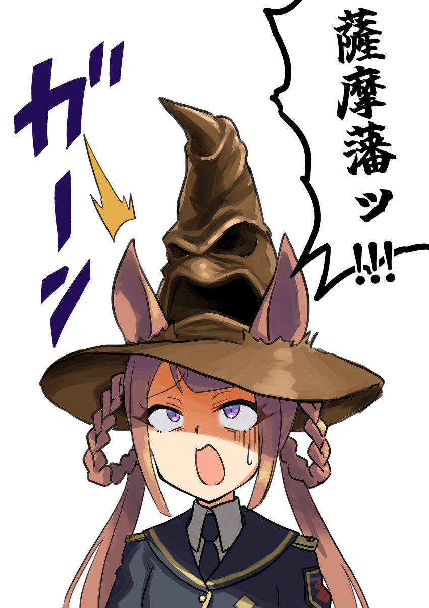 1girl absurdres animal_ears black_necktie black_robe brown_hair commentary_request crossover gisuta_sunshine hair_rings harry_potter_(series) hat highres hogwarts_school_uniform horse_ears horse_girl long_hair necktie purple_eyes robe school_uniform simple_background sorting_hat sweep_tosho_(umamusume) translation_request twintails umamusume white_background witch_hat