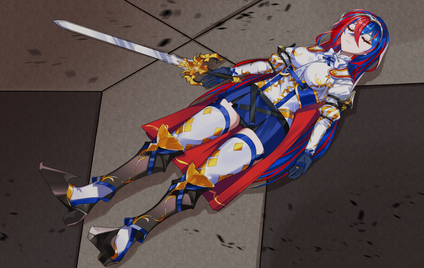 1girl absurdres alear_(female)_(fire_emblem) alear_(fire_emblem) armor bangs bike_shorts blue_hair breasts cape closed_eyes crossed_bangs death emblem_ring fire_emblem fire_emblem_engage full_body highres holding holding_weapon jewelry liberation_(fire_emblem) long_hair medium_breasts multicolored_hair pointy_footwear puffy_sleeves red_hair renirum_14 scene_reference sleeping solo split-color_hair spoilers thigh_strap thighhighs tiara two-tone_hair very_long_hair weapon