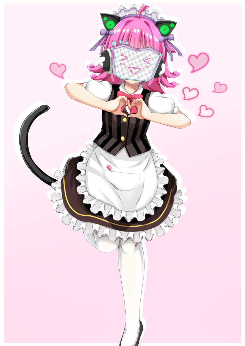 &gt;_&lt; 1girl absurdres ahoge alternate_costume animal_ears apron bangs black_footwear black_skirt black_vest blunt_bangs blunt_ends bow bowtie buttons cat_ears cat_tail commentary dot-matrix enmaided fake_animal_ears frilled_skirt frills hair_bow hands_up heart heart_hands highres kinnikku leg_up looking_at_viewer love_live! love_live!_nijigasaki_high_school_idol_club maid maid_headdress marker moe_moe_kyun! pink_background pink_hair puffy_short_sleeves puffy_sleeves purple_bow red_bow red_bowtie rina-chan_board shirt short_hair short_sleeves skirt socks solo striped striped_vest tail tennouji_rina vest waist_apron white_apron white_shirt white_socks