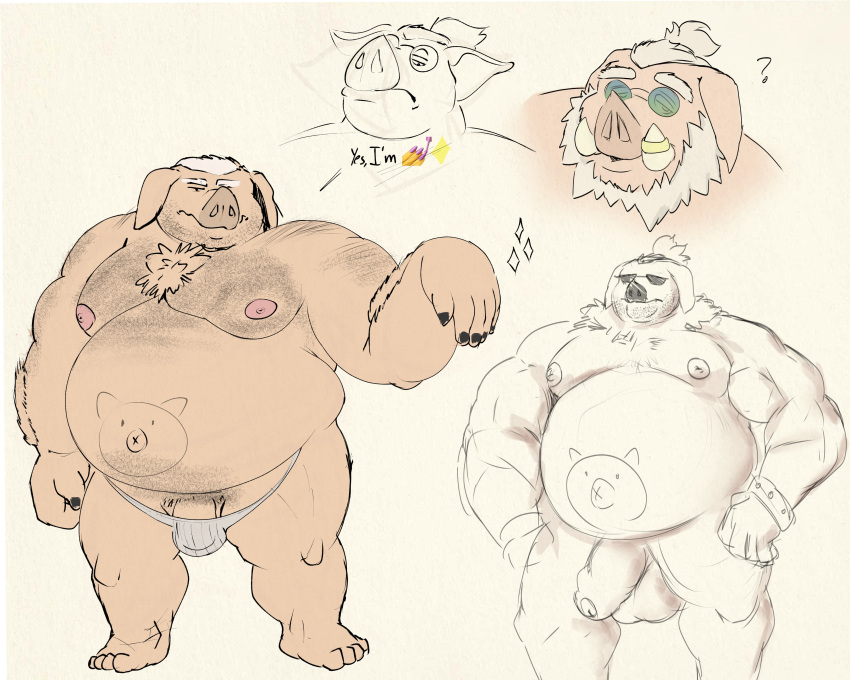 2023 absurd_res anthro balls belly big_belly clothing domestic_pig eyewear genitals hi_res male mammal moobs multiple_poses nipples overweight overweight_male penis pose sato_afroleone solo suid suina sunglasses sus_(pig) underwear