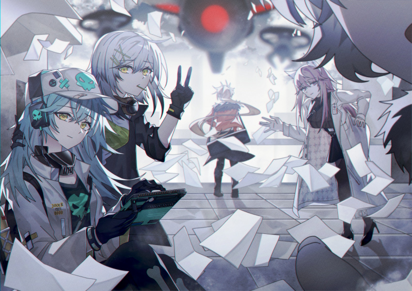 1boy 4girls absurdres antonina_(girls'_frontline_nc) aqua_hair bangs baseball_cap black_gloves black_jacket blonde_hair boots breasts candy closed_mouth commentary_request croque_(girls'_frontline_nc) food from_behind from_side full_body girls'_frontline_neural_cloud gloves grey_hair hair_between_eyes hair_ornament hairclip hat headphones high_heel_boots high_heels highres holding jacket labcoat large_breasts lollipop long_hair looking_at_viewer mask mask_around_neck medium_hair multiple_girls open_mouth orange_jacket paper persicaria_(girls'_frontline_nc) ponytail simo_(girls'_frontline_nc) sol_(girls'_frontline_nc) standing sye v waving white_headwear white_jacket yellow_eyes