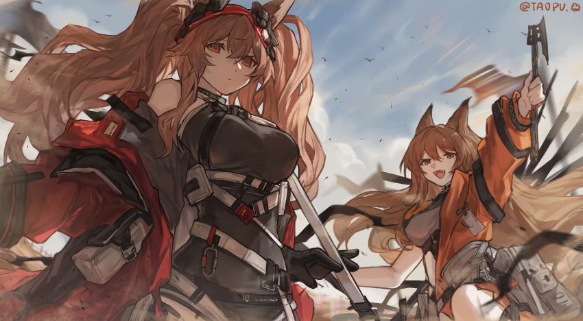 2girls angelina_(arknights) angelina_(distinguished_visitor)_(arknights) animal_ears arknights bare_shoulders belt black_leotard black_shirt blue_sky breasts brown_hair ceobe_(arknights) ceobe_(summer_flowers)_(arknights) coat crop_top dog_ears dog_girl fox_ears fox_girl frown hairband highres holding holding_staff id_card infection_monitor_(arknights) jacket large_breasts leg_up leotard long_hair looking_at_viewer looking_down multiple_belts multiple_girls open_clothes open_coat open_jacket open_mouth orange_jacket outdoors red_coat red_eyes red_hairband shirt signature skirt sky smile staff teeth upper_teeth_only waving white_belt yipingtaopuzi