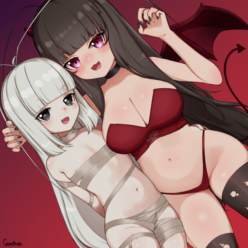 2girls absurdres alternate_breast_size antennae bandages black_choker black_eyes breast_envy breasts brown_hair choker demon_girl goki_buri gokiburi-chan halloween highres horns large_breasts mole mole_on_stomach multiple_girls mummy_costume nail_polish naked_bandage navel original pink_eyes tail white_hair wings