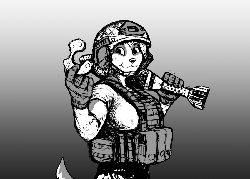 2023 anthro armor canid canine canis domestic_dog eating explosives facial_scar female gradient_background greyscale headgear helmet hi_res hladilnik mammal military_helmet monochrome mortar offering_to_viewer samantha_thott scar simple_background smile soldier solo warrior